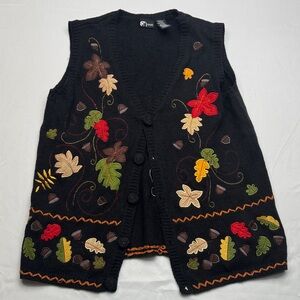 Holiday Editions Black Knit Vest leaves Multicolor Autumn Leaf Appliqué Small